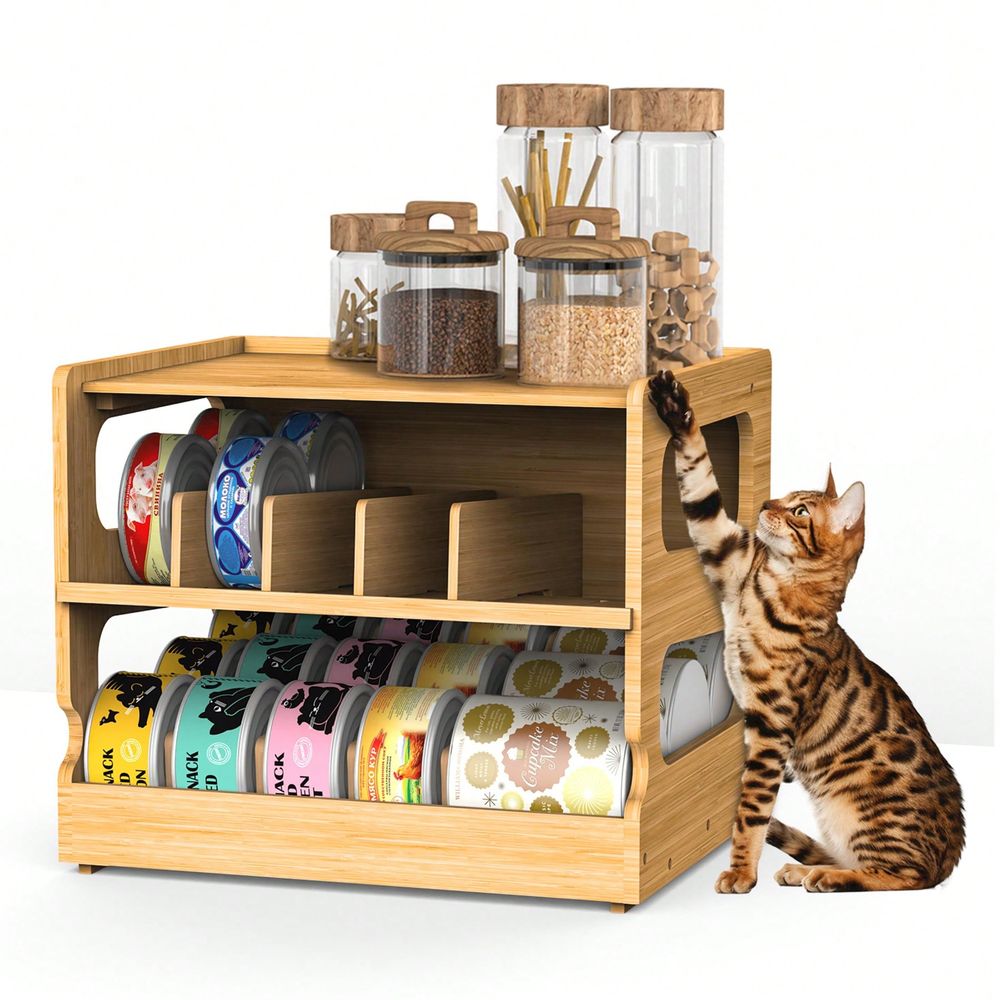 Food Storage Dispenser - Stackable Bamboo Cat Food Organizer, 2Tier